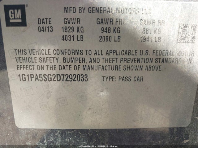 Продажа на аукционе авто 2013 Chevrolet Cruze Ls Auto, vin: 1G1PA5SG2D7292033, номер лота: 46286129