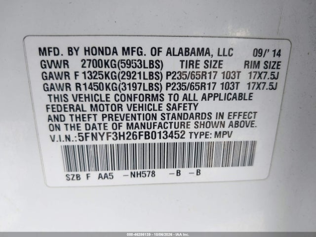 5FNYF3H26FB013452 Honda PILOT LX