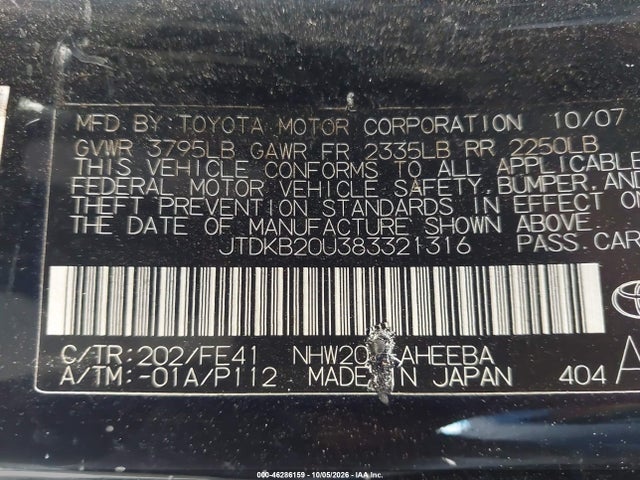 Продаж на аукціоні авто 2008 Toyota Prius, vin: JTDKB20U383321316, номер лоту: 46286159