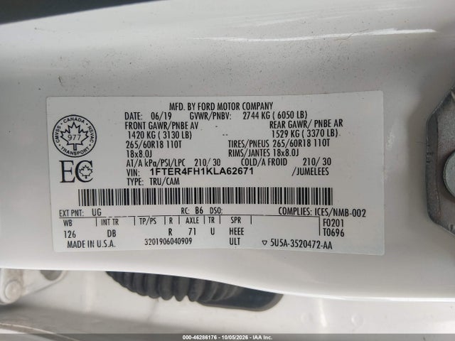 Продаж на аукціоні авто 2019 Ford Ranger Lariat, vin: 1FTER4FH1KLA62671, номер лоту: 46286176
