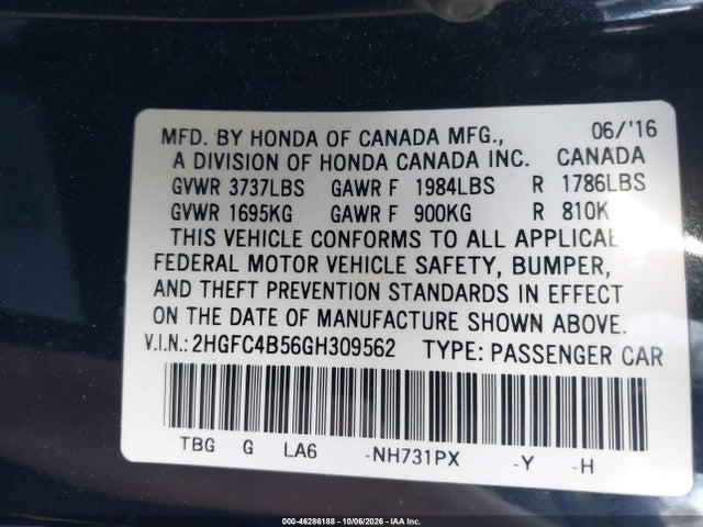 Honda Civic Lx 2016 2HGFC4B56GH309562 Image 9