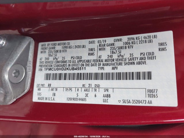 Aukcja sprzedaży 2019 Ford Escape Sel, vin: 1FMCU0HD2KUB45511, numer aukcji: 46286194