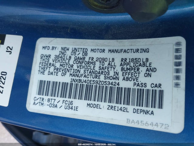 46286214 :رقم المزاد ، 1NXBU40E59Z053424 vin ، 2009 Toyota Corolla Xle مزاد بيع