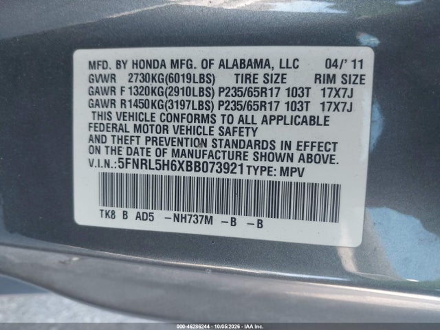 46286244 :رقم المزاد ، 5FNRL5H6XBB073921 vin ، 2011 Honda Odyssey Ex-l مزاد بيع