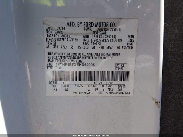 2014 Ford F-150 Xl მანქანა იყიდება აუქციონზე, vin: 1FTNF1EFXEKD62095, აუქციონის ნომერი: 46286243