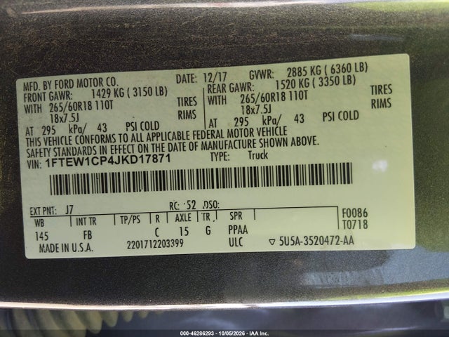Aukcja sprzedaży 2018 Ford F-150 Xlt, vin: 1FTEW1CP4JKD17871, numer aukcji: 46286293