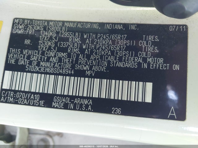 Aukcja sprzedaży 2011 Toyota Highlander Base V6, vin: 5TDZK3EH6BS048944, numer aukcji: 46286315