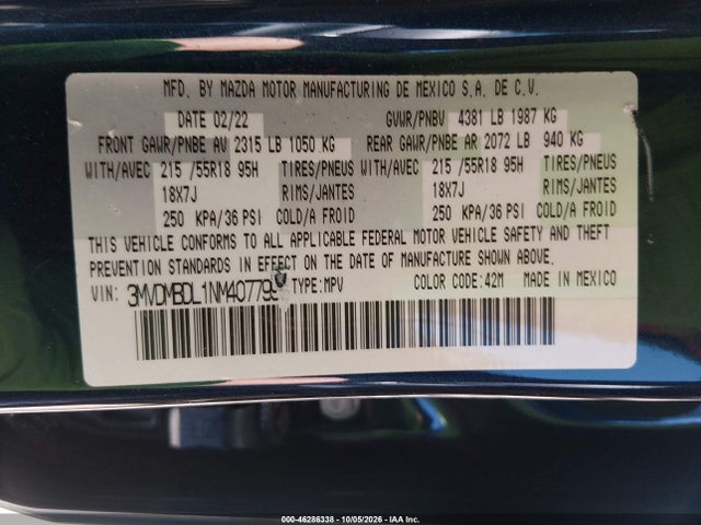 Продажа на аукционе авто 2022 Mazda Cx-30 Premium, vin: 3MVDMBDL1NM407799, номер лота: 46286338