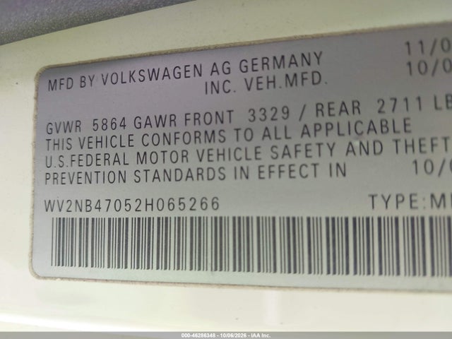 46286348 :رقم المزاد ، WV2NB47052H065266 vin ، 2002 Volkswagen Eurovan Mv مزاد بيع