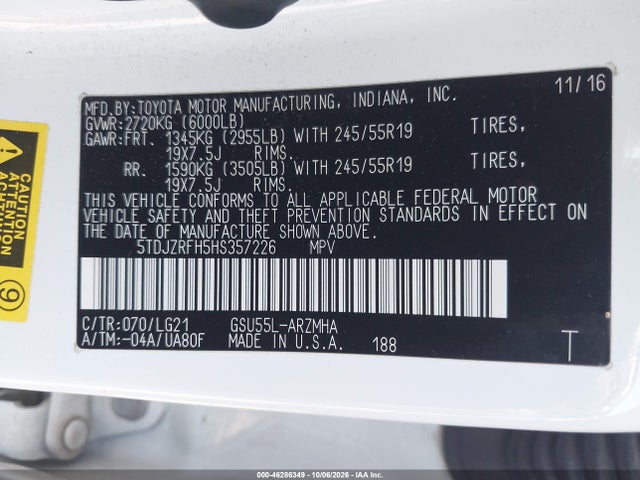 Toyota Highlander Se 2017 5TDJZRFH5HS357226 Image 9