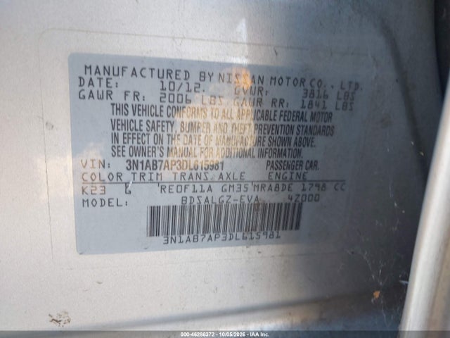 2013 Nissan Sentra Sl მანქანა იყიდება აუქციონზე, vin: 3N1AB7AP3DL615981, აუქციონის ნომერი: 46286372