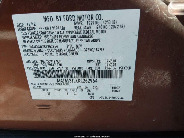 Продаж на аукціоні авто 2019 Ford Ecosport Ses, vin: MAJ6S3JLXKC262954, номер лоту: 46286378