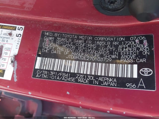 46286394 :رقم المزاد ، JTDBR32E270103729 vin ، 2007 Toyota Corolla Le مزاد بيع