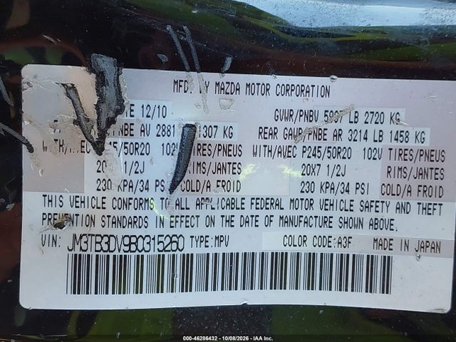 2011 Mazda Cx-9 Grand Touring მანქანა იყიდება აუქციონზე, vin: JM3TB3DV9B0315260, აუქციონის ნომერი: 46286432