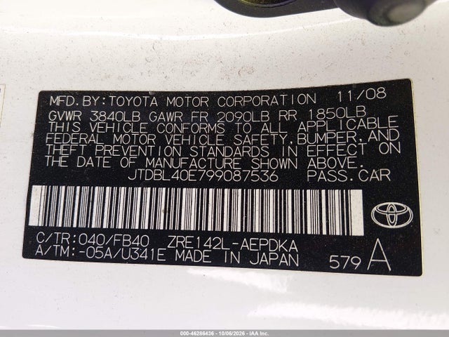 Aukcja sprzedaży 2009 Toyota Corolla Le, vin: JTDBL40E799087536, numer aukcji: 46286436