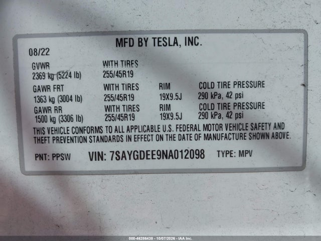 46286438 :رقم المزاد ، 7SAYGDEE9NA012098 vin ، 2022 Tesla Model Y Long Range Dual Motor All-wheel Drive مزاد بيع