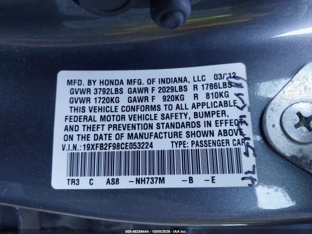2012 Honda Civic Ex-l მანქანა იყიდება აუქციონზე, vin: 19XFB2F98CE053224, აუქციონის ნომერი: 46286444