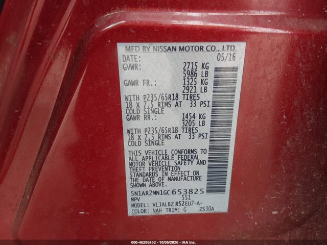 Продаж на аукціоні авто 2016 Nissan Pathfinder Platinum/s/sl/sv, vin: 5N1AR2MN1GC653825, номер лоту: 46286452