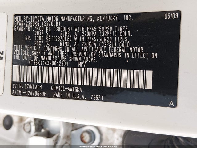 Aukcja sprzedaży 2009 Toyota Venza Base V6, vin: 4T3BK11AX9U012391, numer aukcji: 46286465