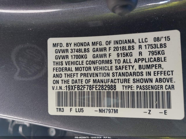 Продаж на аукціоні авто 2015 Honda Civic Se, vin: 19XFB2F78FE282988, номер лоту: 46286470
