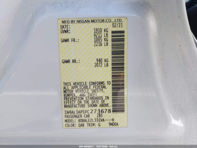 Nissan Altima 2.5 S 2015 1N4AL3AP1FC273678 Image 9
