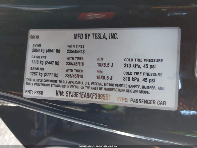5YJ3E1EA9KF399551 Tesla Model 3 Long Range/mid Range/standard Range/standard Range Plus
