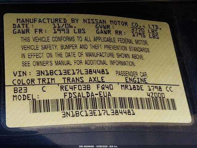 2007 Nissan Versa 1.8s მანქანა იყიდება აუქციონზე, vin: 3N1BC13E17L384481, აუქციონის ნომერი: 46286498
