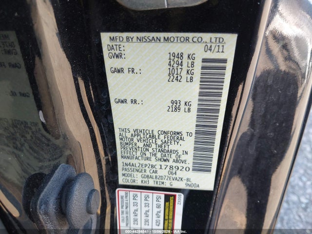 Aukcja sprzedaży 2011 Nissan Altima 2.5 S, vin: 1N4AL2EP2BC178920, numer aukcji: 46286541