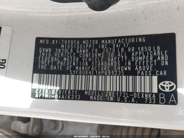 46286585 :رقم المزاد ، 5YFBURHE1HP691235 vin ، 2017 Toyota Corolla Le مزاد بيع