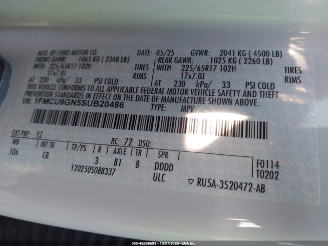 46286593 :رقم المزاد ، 1FMCU9GN5SUB20486 vin ، 2025 Ford Escape Active مزاد بيع
