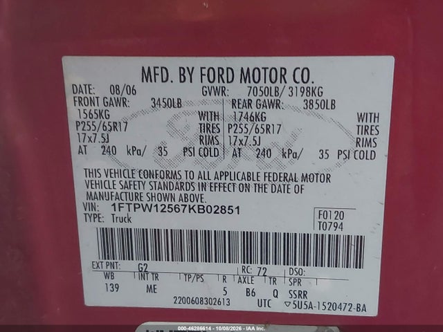 Продаж на аукціоні авто 2007 Ford F-150 Lariat/xlt, vin: 1FTPW12567KB02851, номер лоту: 46286614