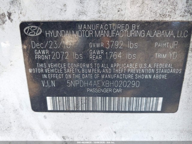 Продажа на аукционе авто 2011 Hyundai Elantra Limited, vin: 5NPDH4AEXBH020290, номер лота: 46286625