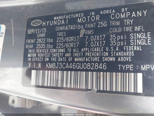 Продажа на аукционе авто 2016 Hyundai Tucson Se, vin: KM8J3CA46GU082846, номер лота: 46286628