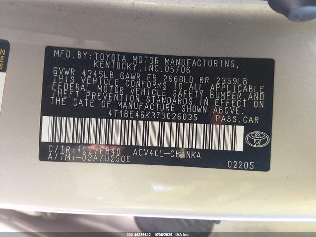2007 Toyota Camry Ce მანქანა იყიდება აუქციონზე, vin: 4T1BE46K37U026035, აუქციონის ნომერი: 46286642