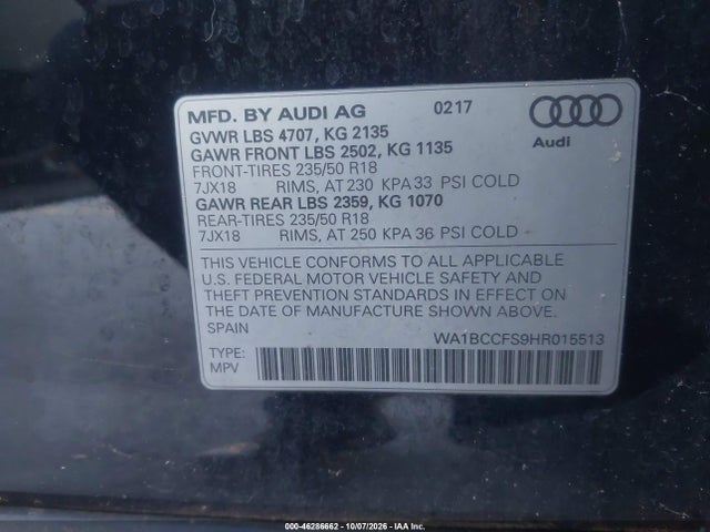 46286662 :رقم المزاد ، WA1BCCFS9HR015513 vin ، 2017 Audi Q3 2.0t Premium مزاد بيع