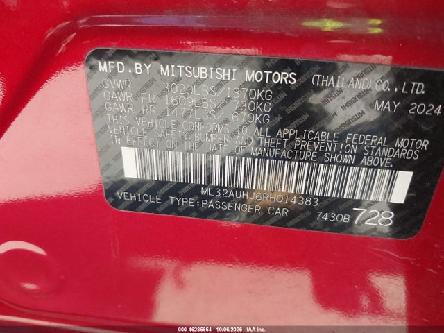 Продажа на аукционе авто 2024 Mitsubishi Mirage Es/le, vin: ML32AUHJ6RH014383, номер лота: 46286664