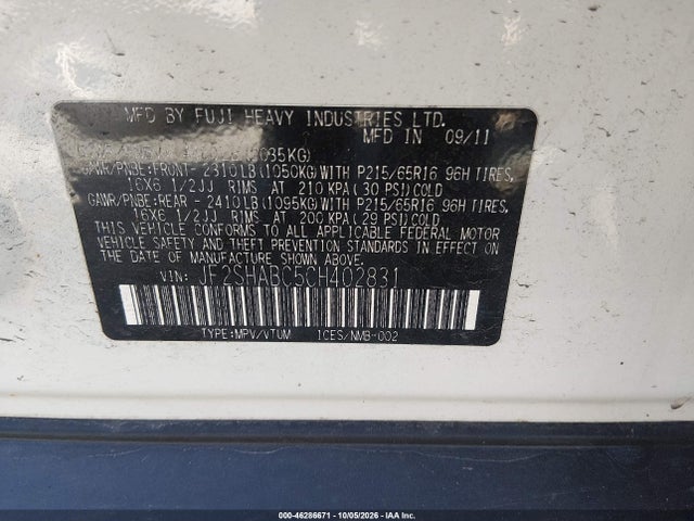 Продаж на аукціоні авто 2012 Subaru Forester 2.5x, vin: JF2SHABC5CH402831, номер лоту: 46286671