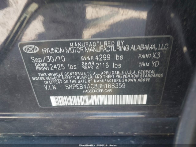 Aukcja sprzedaży 2011 Hyundai Sonata Gls, vin: 5NPEB4AC8BH168359, numer aukcji: 46286678