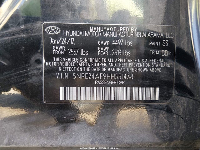 Aukcja sprzedaży 2017 Hyundai Sonata Se, vin: 5NPE24AF9HH551438, numer aukcji: 46286697