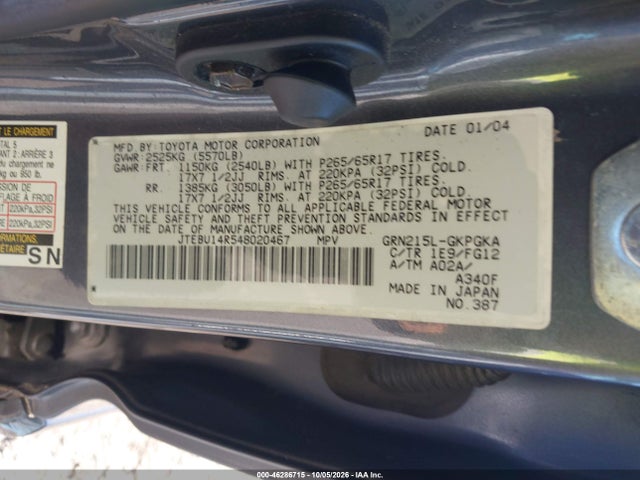 46286715 :رقم المزاد ، JTEBU14R548020467 vin ، 2004 Toyota 4runner Sr5 V6 مزاد بيع