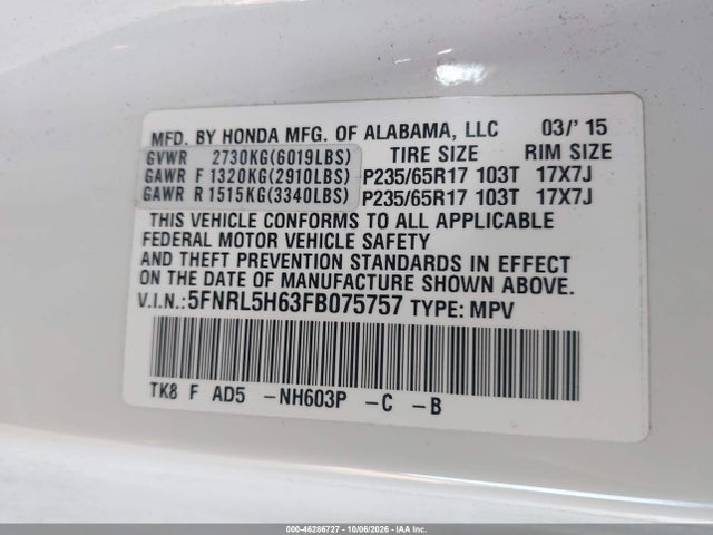 Aukcja sprzedaży 2015 Honda Odyssey Ex-l, vin: 5FNRL5H63FB075757, numer aukcji: 46286727
