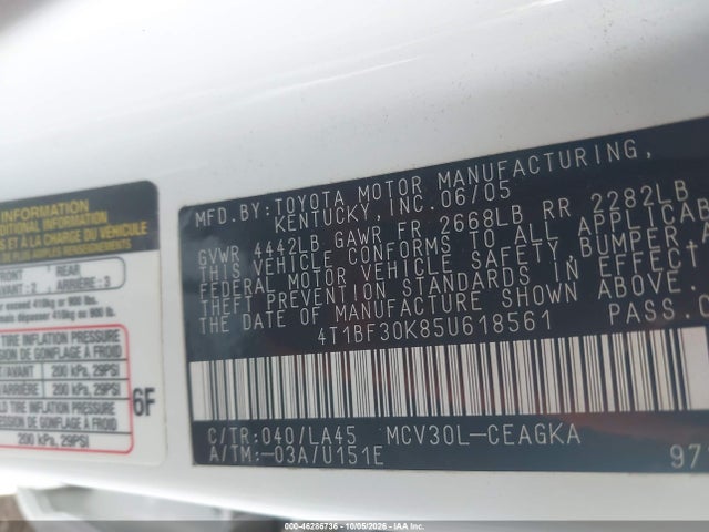 46286736 :رقم المزاد ، 4T1BF30K85U618561 vin ، 2005 Toyota Camry Xle V6 مزاد بيع
