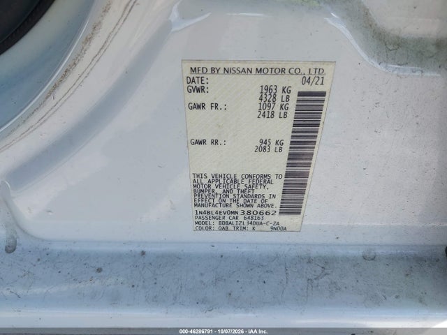 Aukcja sprzedaży 2021 Nissan Altima Sl Fwd, vin: 1N4BL4EV0MN380662, numer aukcji: 46286791