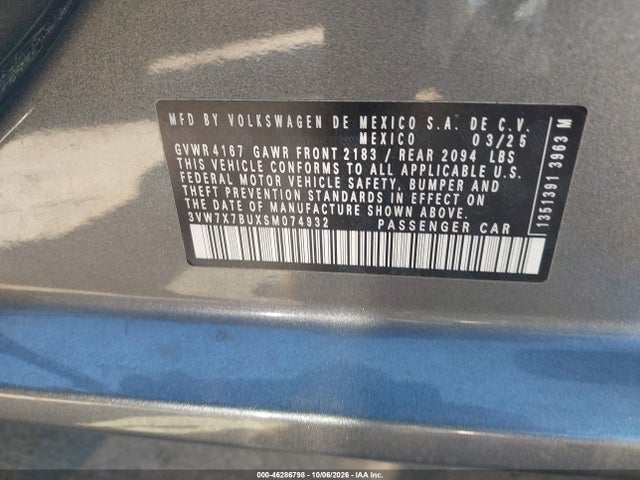 46286798 :رقم المزاد ، 3VW7X7BUXSM074932 vin ، 2025 Volkswagen Jetta 1.5t Se مزاد بيع
