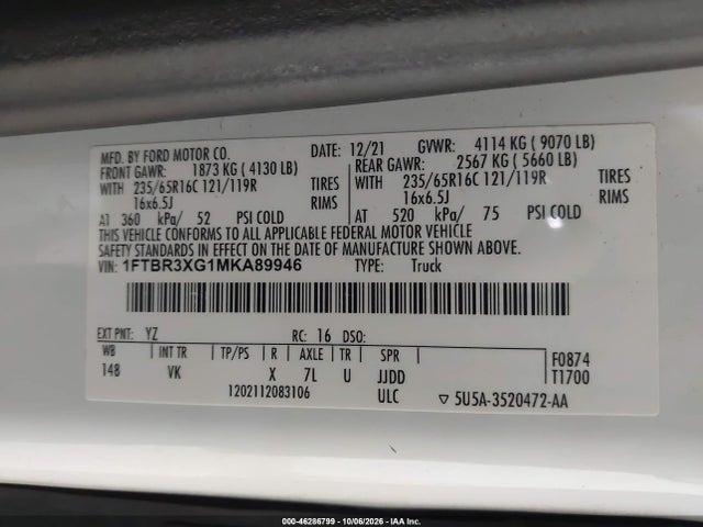 Продажа на аукционе авто 2021 Ford Transit-250 Cargo Van, vin: 1FTBR3XG1MKA89946, номер лота: 46286799