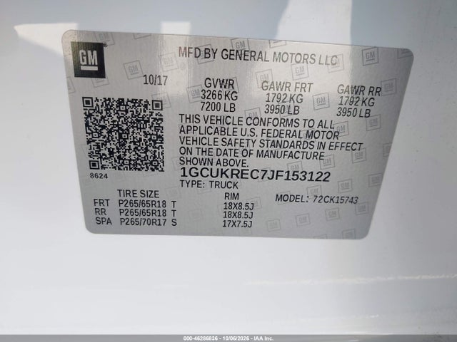 46286836 :رقم المزاد ، 1GCUKREC7JF153122 vin ، 2018 Chevrolet Silverado 1500 2lt مزاد بيع
