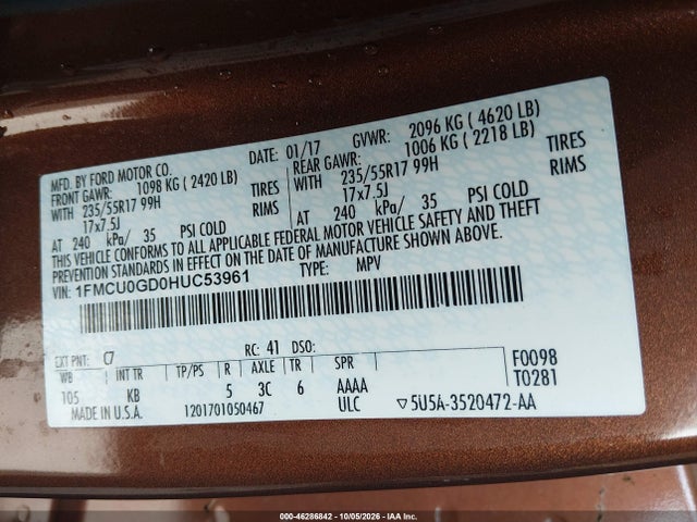 Продаж на аукціоні авто 2017 Ford Escape Se, vin: 1FMCU0GD0HUC53961, номер лоту: 46286842