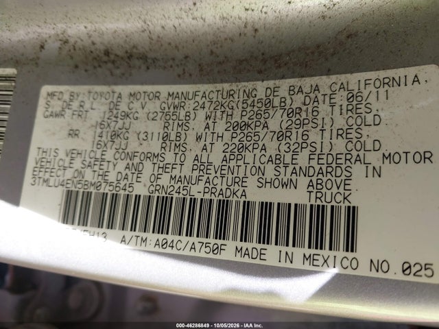 46286849 :رقم المزاد ، 3TMLU4EN5BM075645 vin ، 2011 Toyota Tacoma Base V6 مزاد بيع