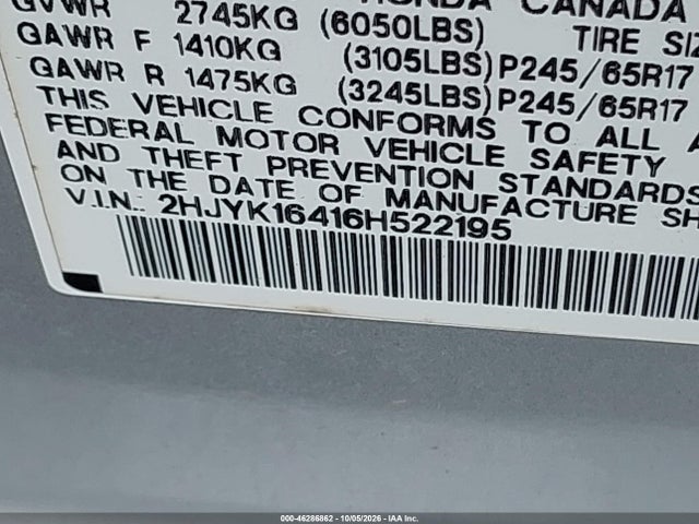 Продажа на аукционе авто 2006 Honda Ridgeline Rts, vin: 2HJYK16416H522195, номер лота: 46286862
