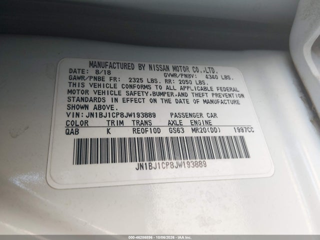 46286896 :رقم المزاد ، JN1BJ1CP8JW193889 vin ، 2018 Nissan Rogue Sport Sv مزاد بيع